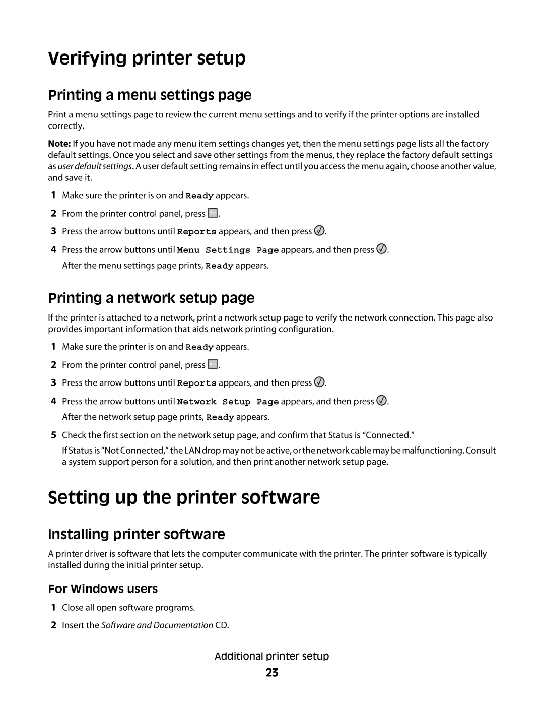 Lexmark 420 Verifying printer setup, Setting up the printer software, Printing a menu settings, Printing a network setup 