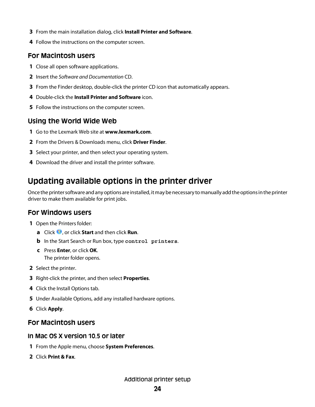 Lexmark 430, 420 manual Updating available options in the printer driver, For Macintosh users, Using the World Wide Web 