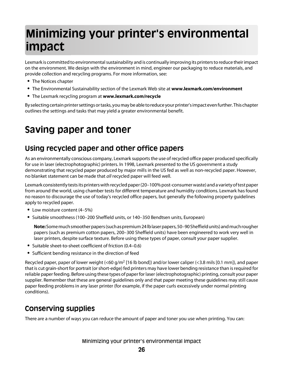 Lexmark 430, 420 manual Minimizing your printers environmental impact, Saving paper and toner, Conserving supplies 