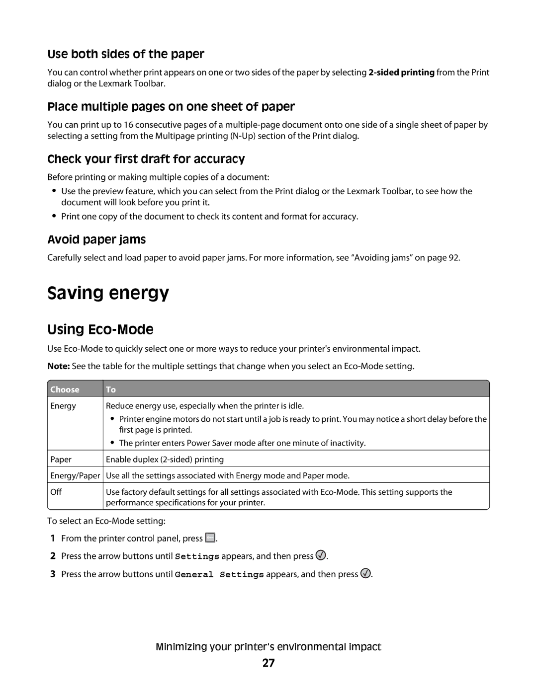 Lexmark 420, 430 manual Saving energy, Using Eco-Mode 