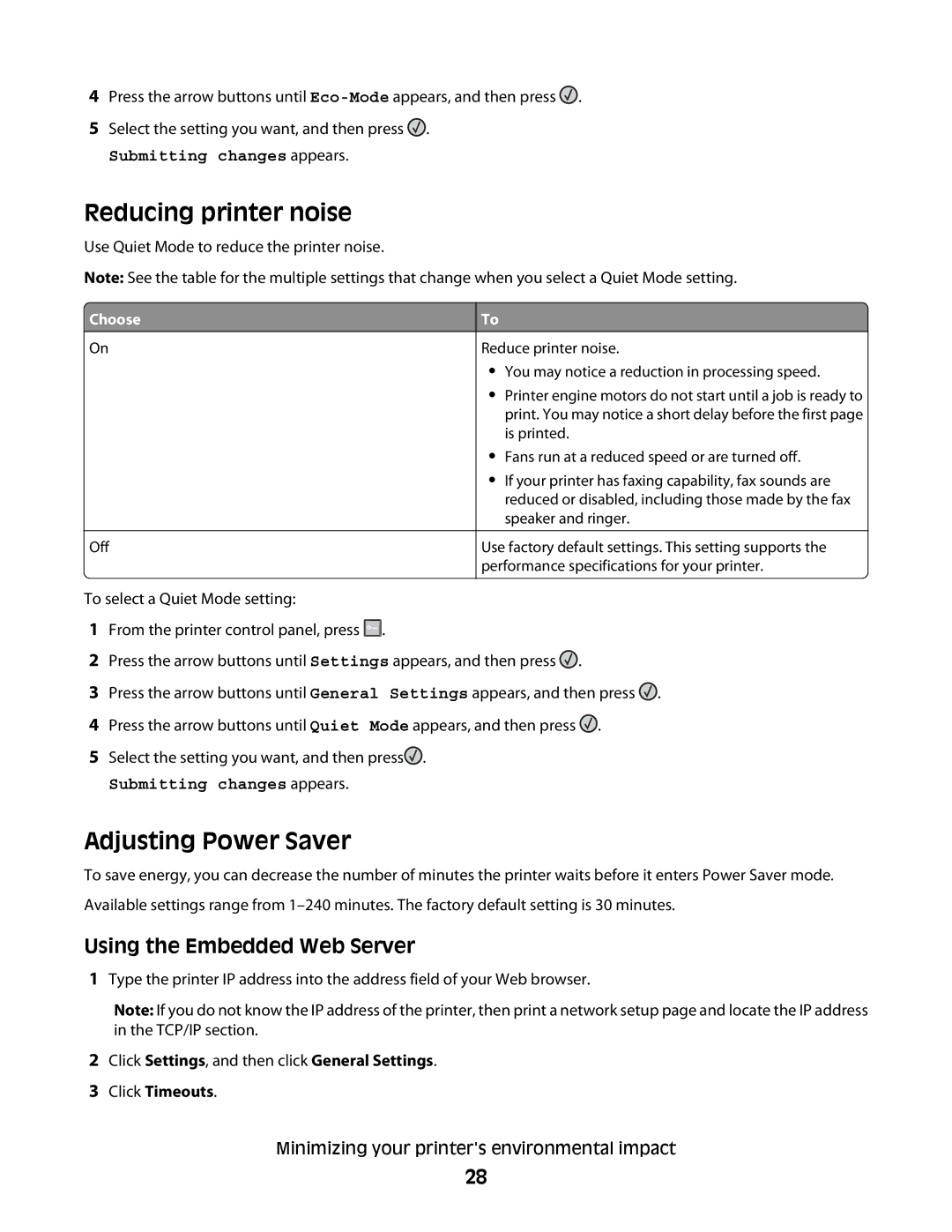 Lexmark 430, 420 manual Reducing printer noise, Adjusting Power Saver, Using the Embedded Web Server 