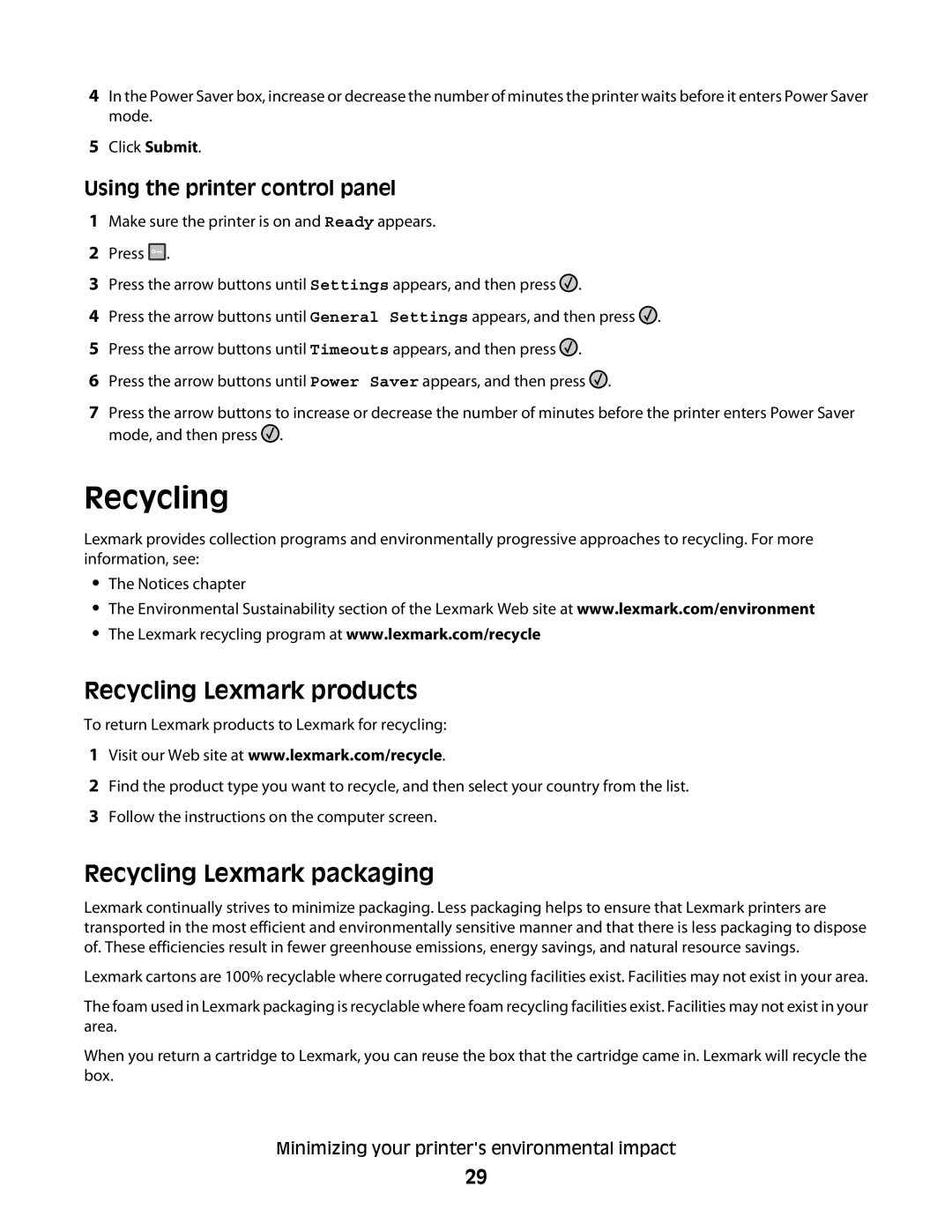 Lexmark 420, 430 manual Recycling Lexmark products, Recycling Lexmark packaging, Using the printer control panel 