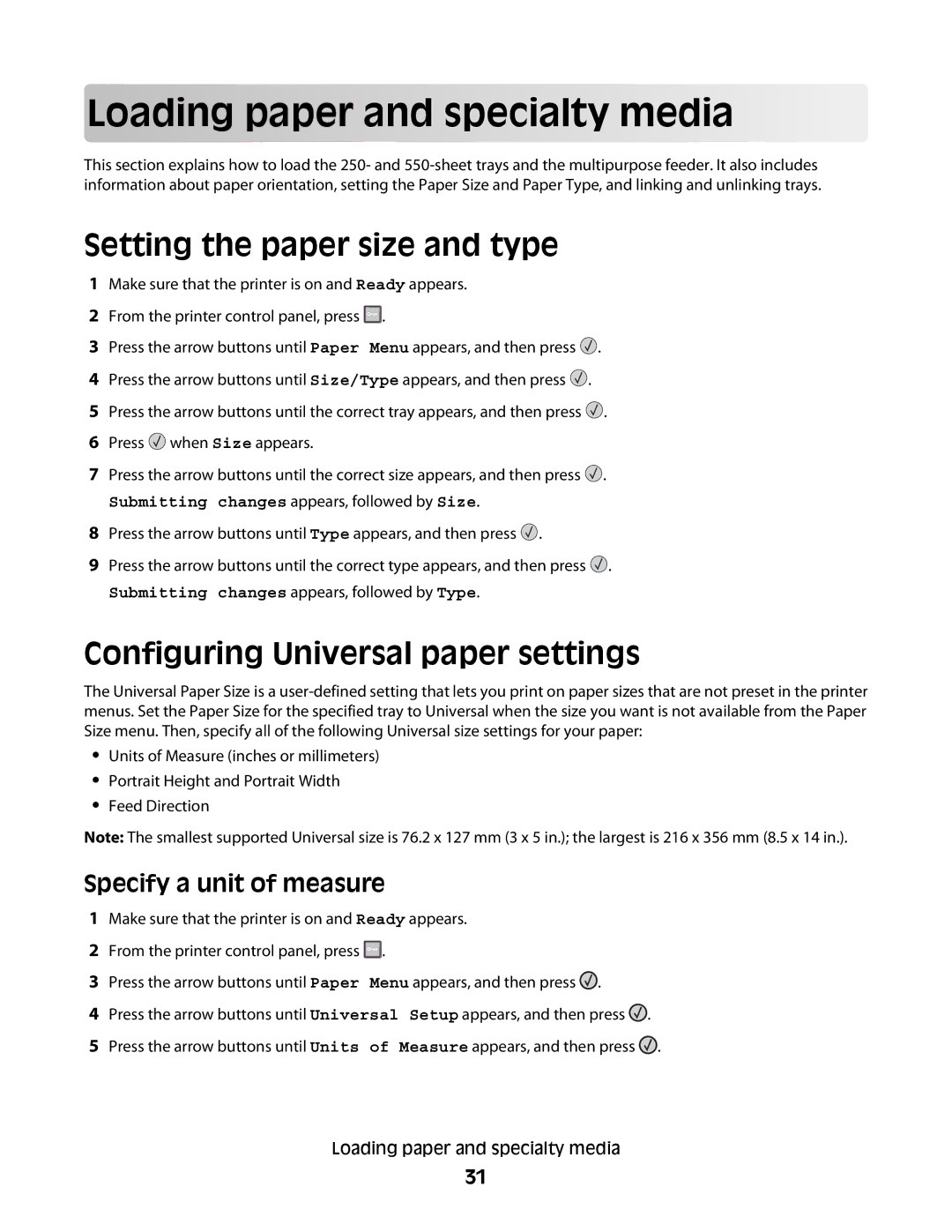 Lexmark 420 Load in g pape r a nd s p ecialty media, Setting the paper size and type, Configuring Universal paper settings 