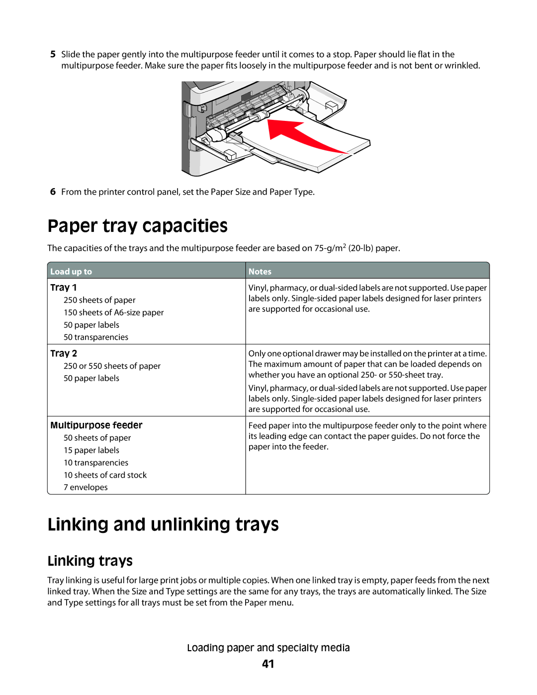 Lexmark 420, 430 manual Paper tray capacities, Linking and unlinking trays, Linking trays 