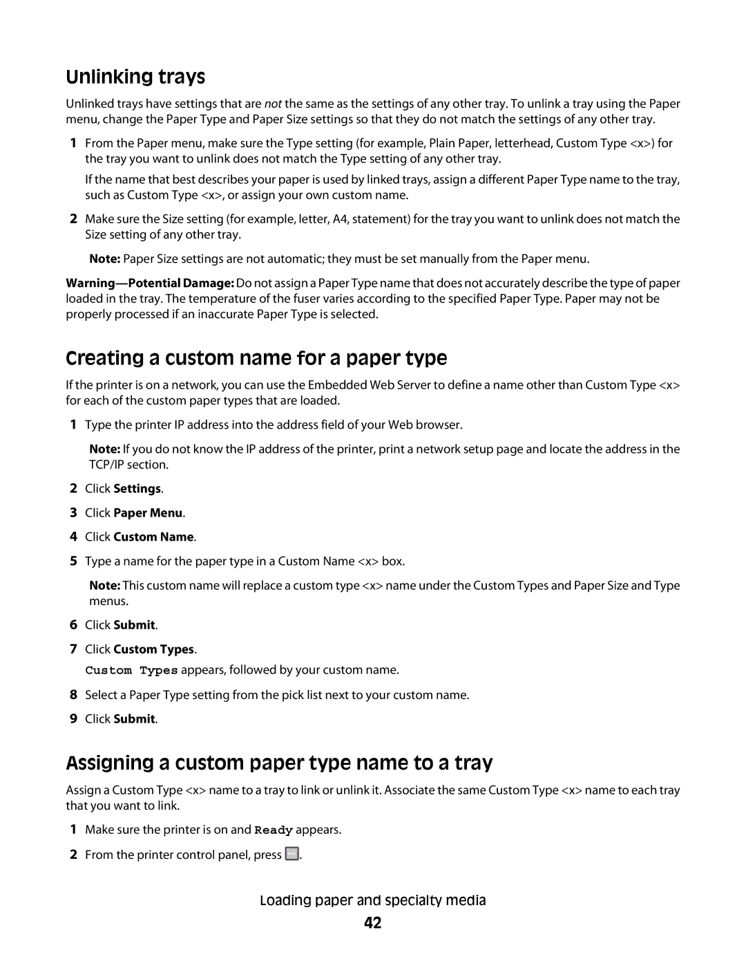 Lexmark 430, 420 Unlinking trays, Creating a custom name for a paper type, Assigning a custom paper type name to a tray 