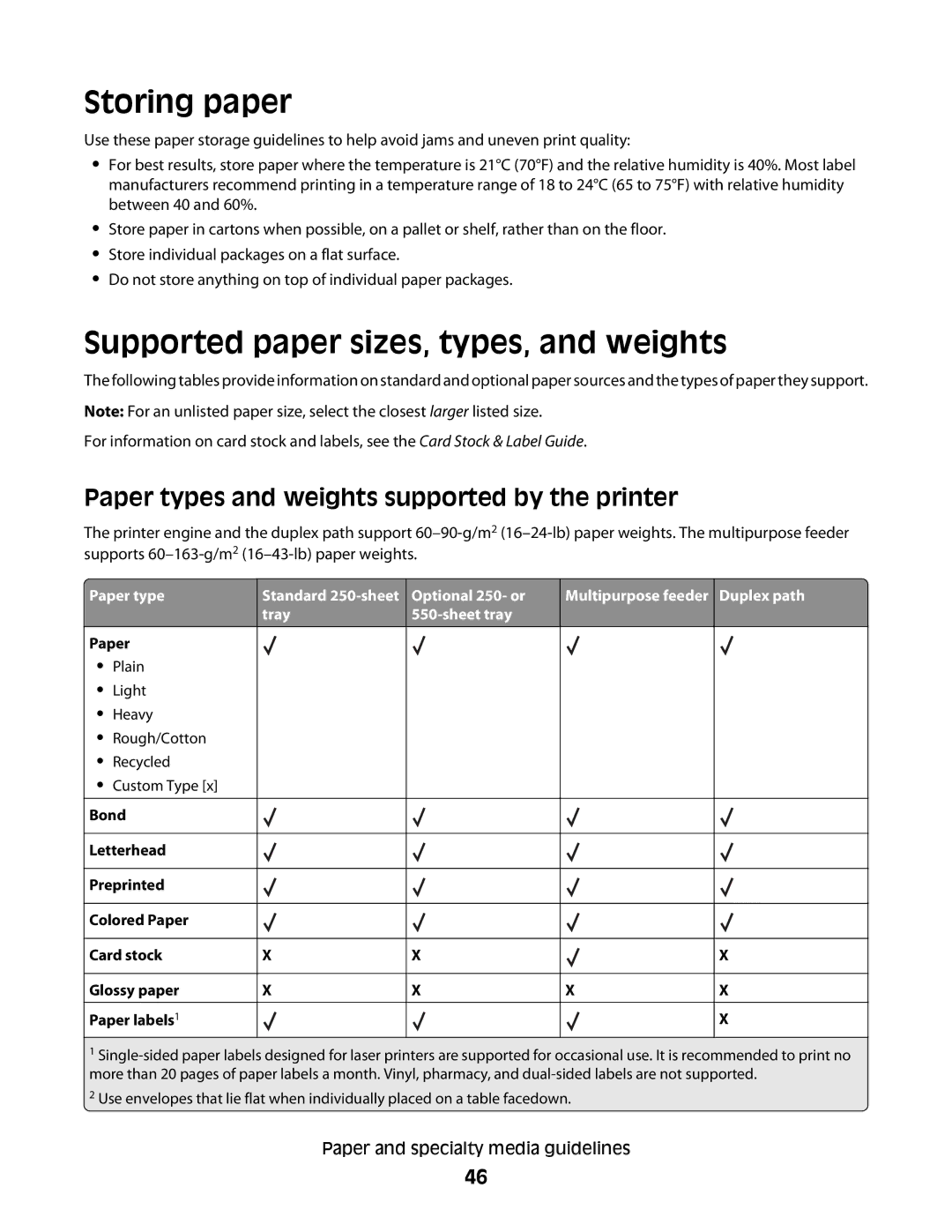 Lexmark 430 Storing paper, Supported paper sizes, types, and weights, Paper types and weights supported by the printer 