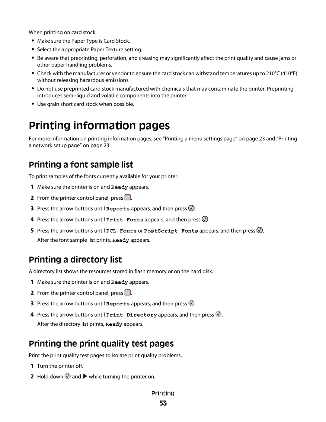 Lexmark 420, 430 manual Printing information pages, Printing a font sample list, Printing a directory list 