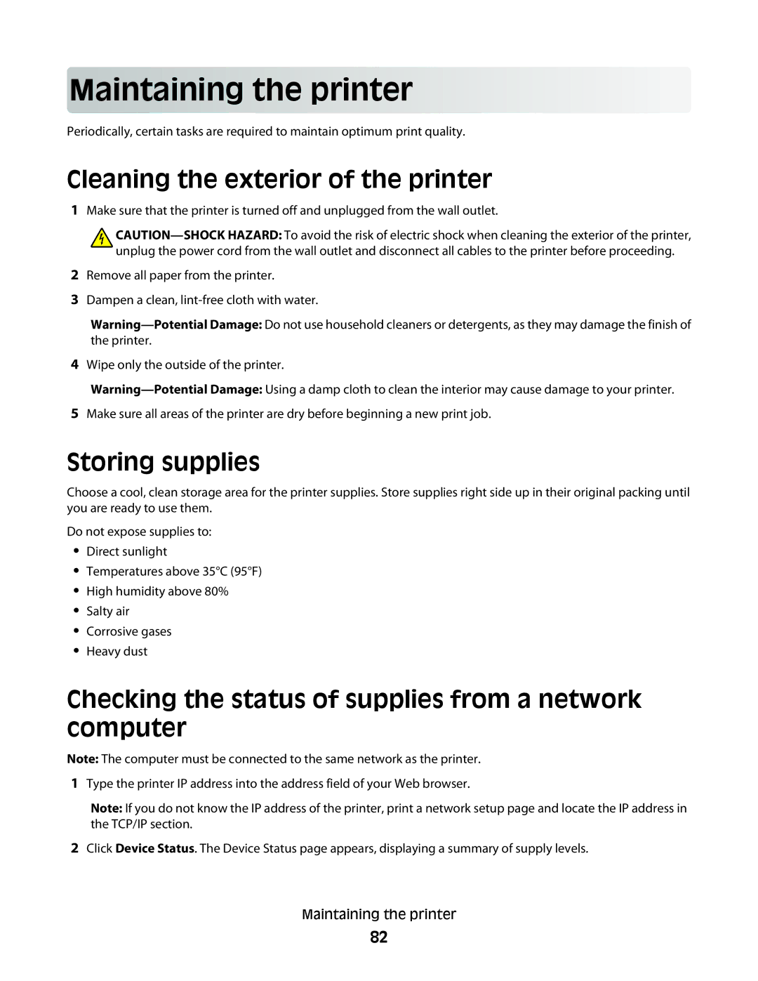 Lexmark 430, 420 manual Main taining th e prin t er, Cleaning the exterior of the printer, Storing supplies 