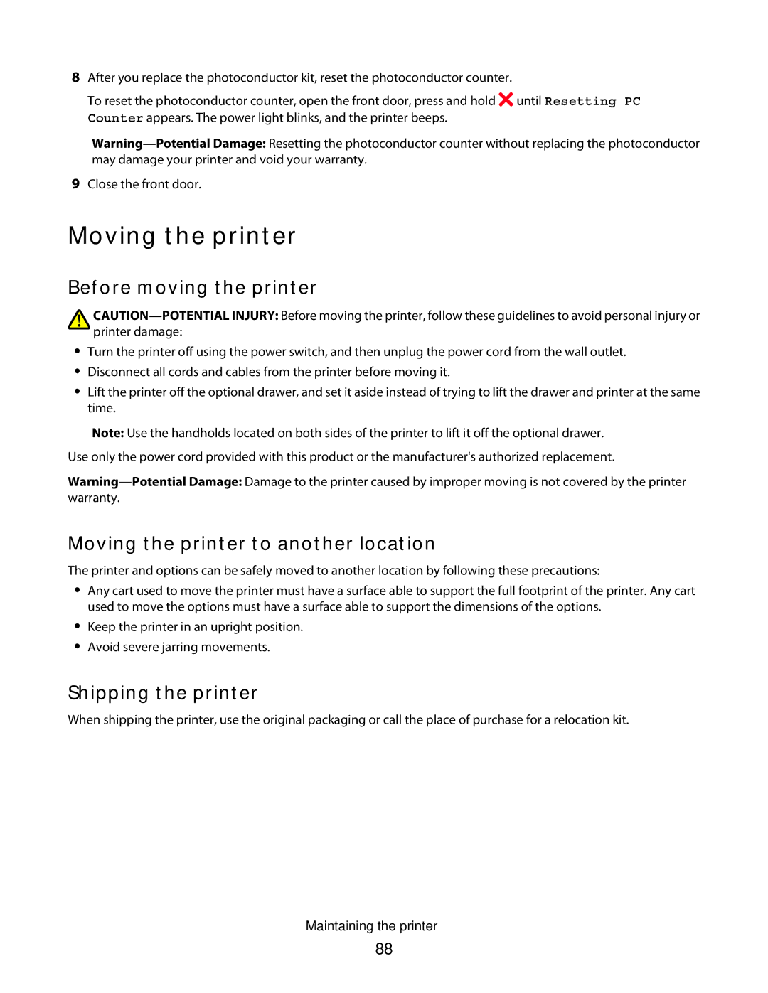 Lexmark 430, 420 manual Before moving the printer, Moving the printer to another location, Shipping the printer 