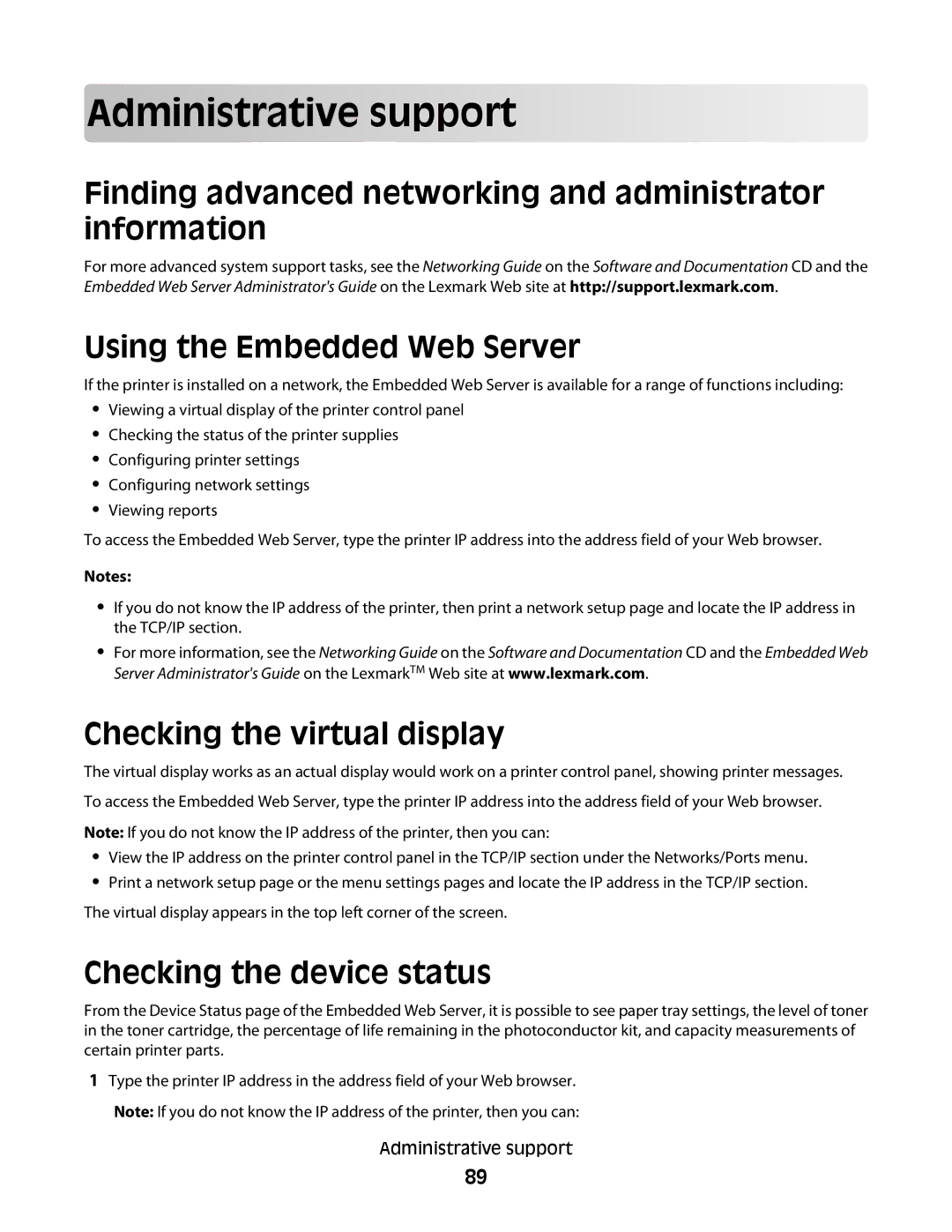 Lexmark 420, 430 manual Adm inistra tiv e support, Finding advanced networking and administrator information 