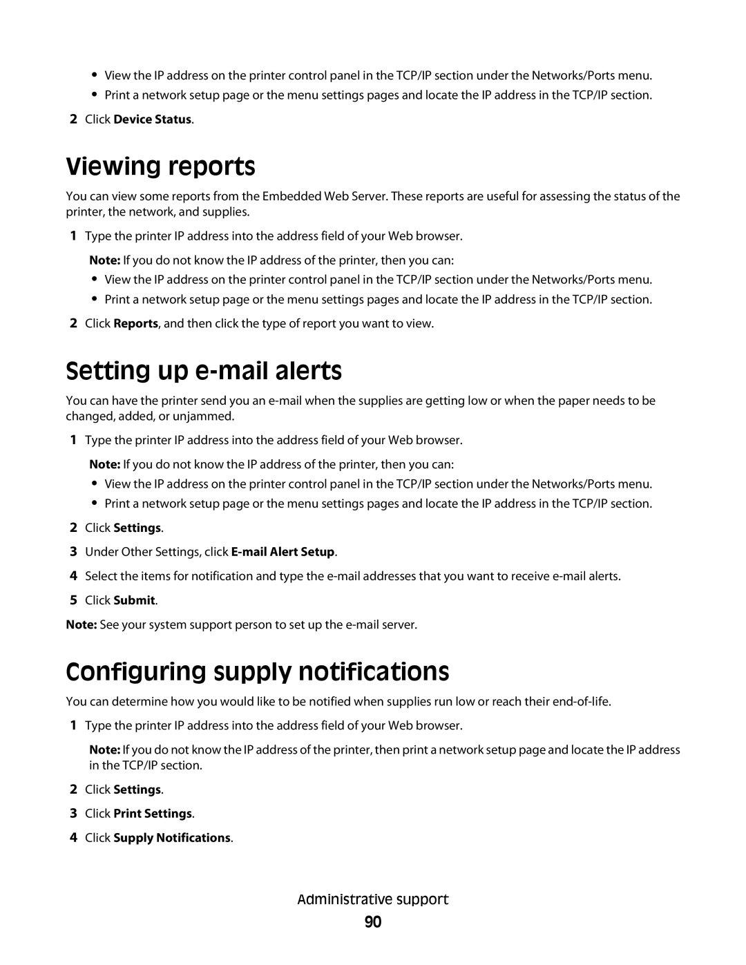 Lexmark 430, 420 manual Viewing reports, Setting up e-mail alerts, Configuring supply notifications 