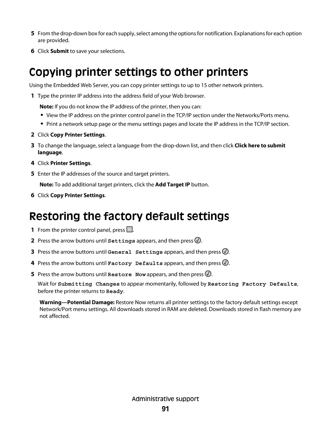 Lexmark 420, 430 manual Copying printer settings to other printers, Restoring the factory default settings 