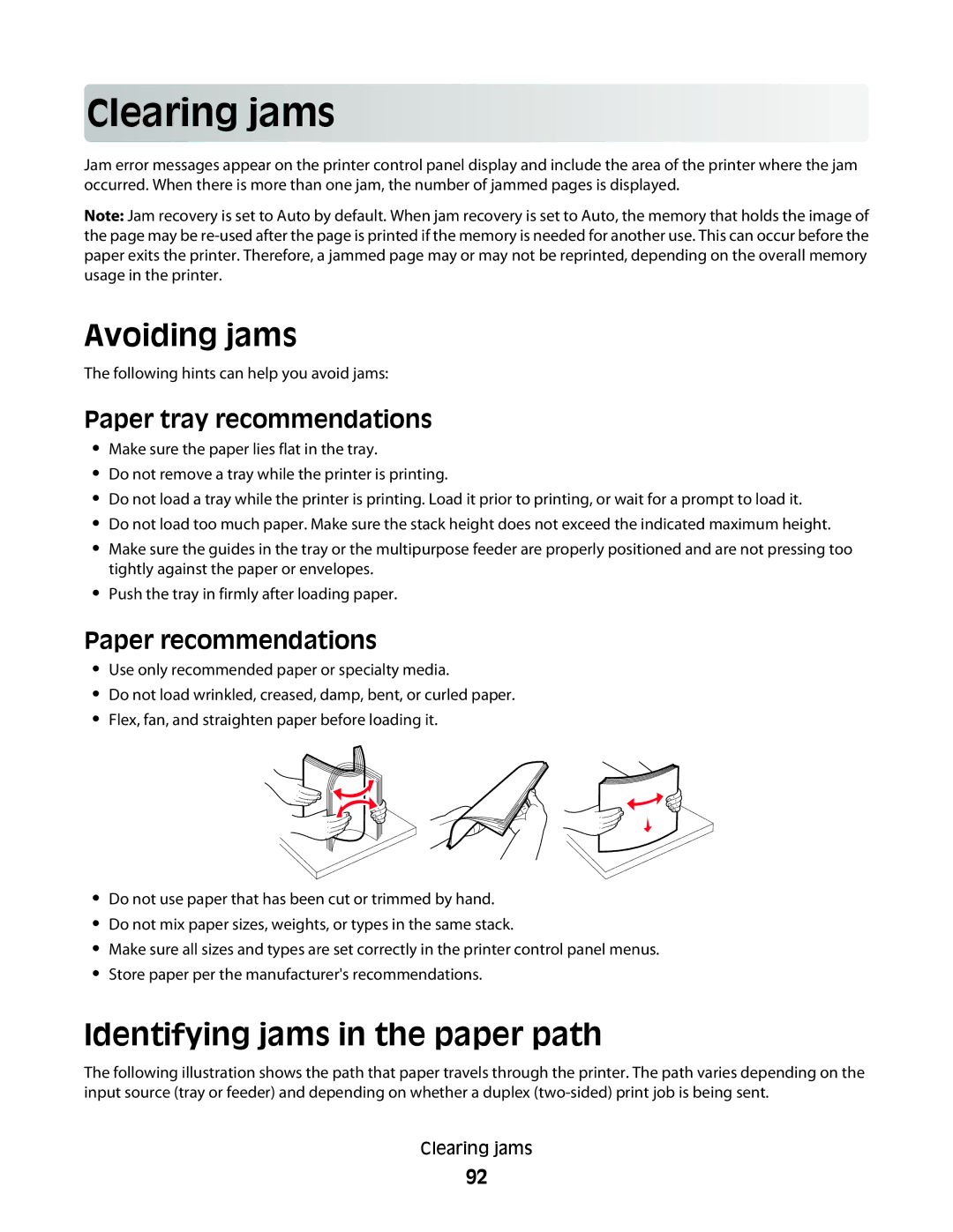 Lexmark 430, 420 manual Clearing jams, Avoiding jams, Identifying jams in the paper path, Paper tray recommendations 