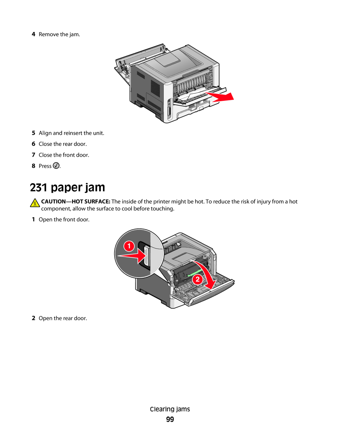 Lexmark 420, 430 manual Open the front door Open the rear door Clearing jams 