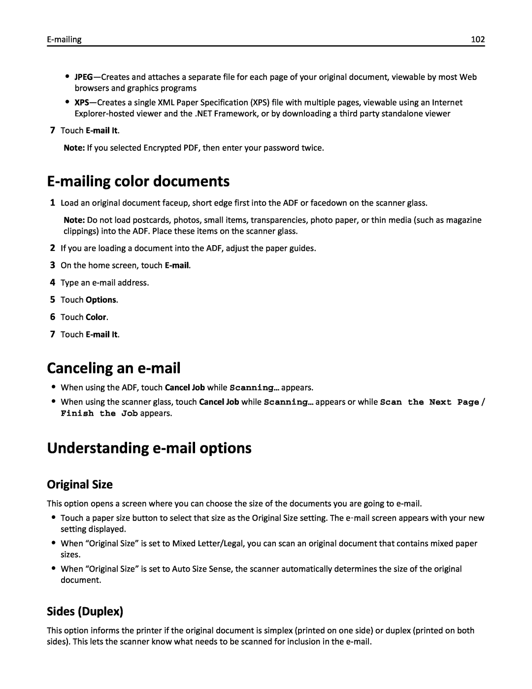 Lexmark 832, 432 E-mailing color documents, Canceling an e-mail, Understanding e-mail options, Original Size, Sides Duplex 