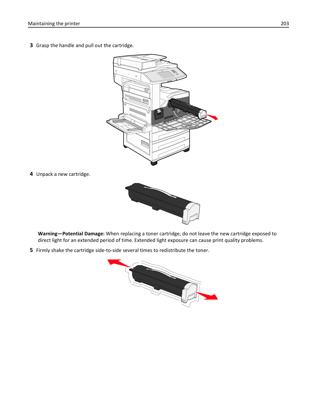 Lexmark X862DE, 432, 19Z0101 Maintaining the printer, Grasp the handle and pull out the cartridge, Unpack a new cartridge 