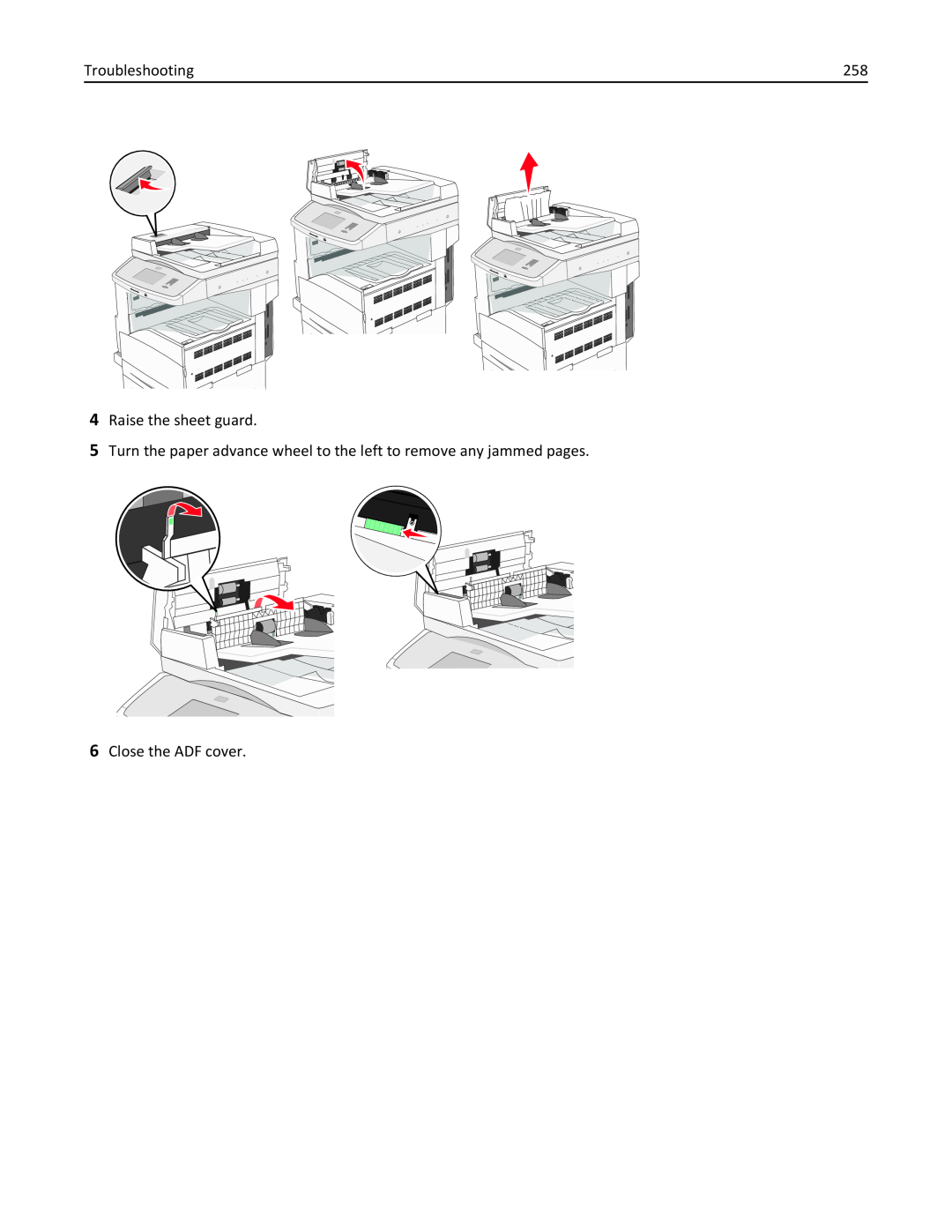 Lexmark X862DE Troubleshooting, Raise the sheet guard, Turn the paper advance wheel to the left to remove any jammed pages 