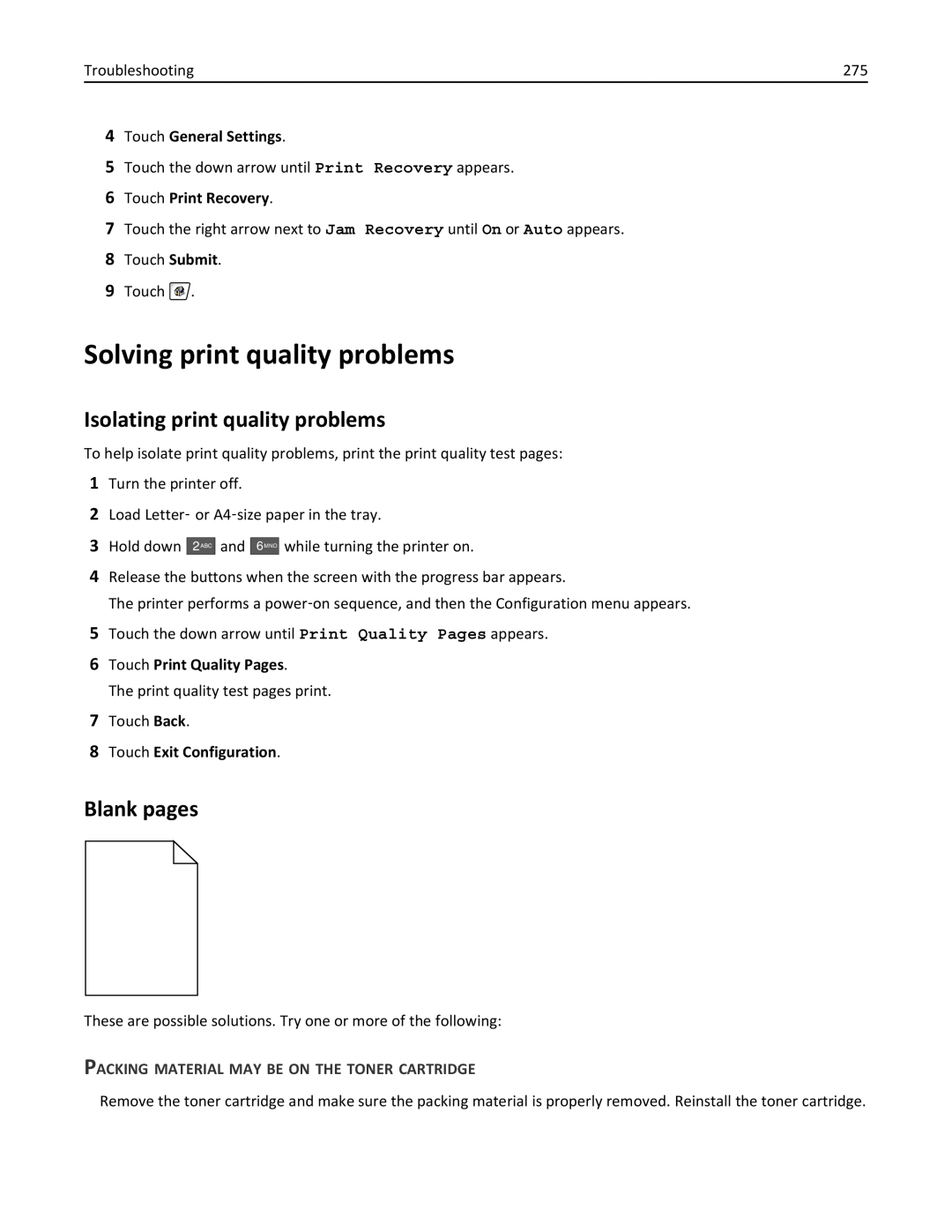 Lexmark 432, 19Z0101 Solving print quality problems, Isolating print quality problems, Blank pages, Touch General Settings 