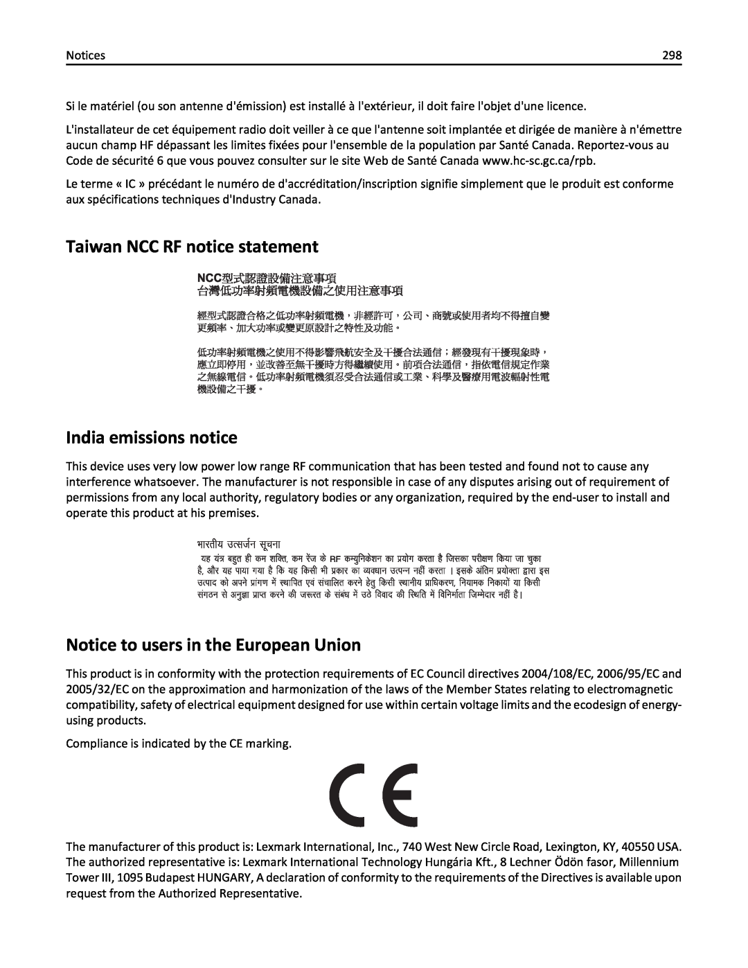Lexmark 19Z0101, 432, 632, 832 Taiwan NCC RF notice statement India emissions notice, Notice to users in the European Union 