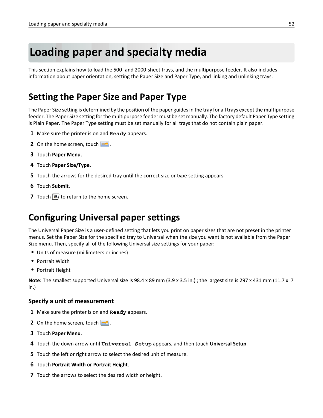 Lexmark 19Z0202, 432 Loadingpaperand specialty media, Setting the Paper Size and Paper Type, Specify a unit of measurement 