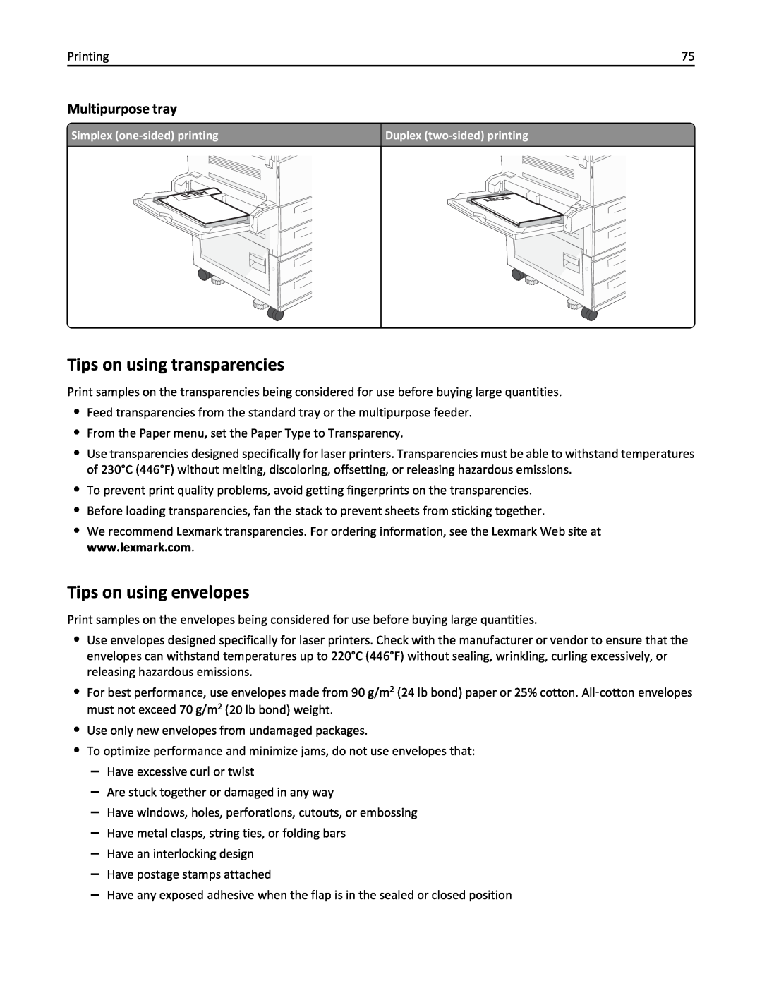 Lexmark 19Z0200, 432, 19Z0101, 632, 832, X860DE manual Tips on using transparencies, Tips on using envelopes, Multipurpose tray 