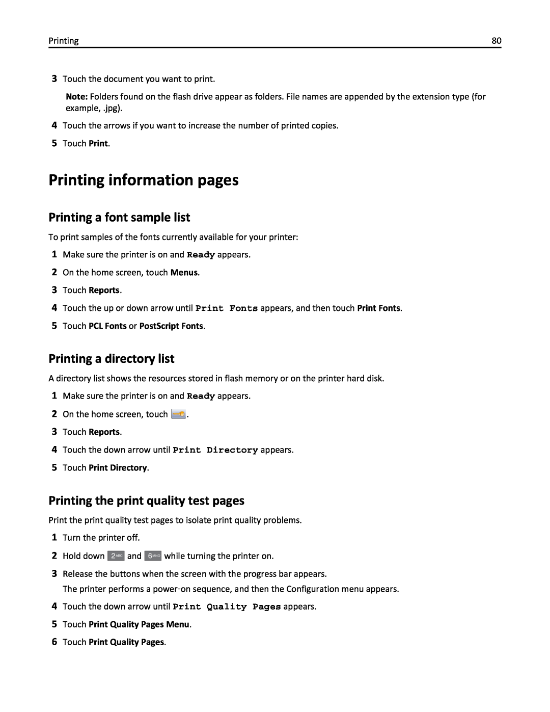 Lexmark 832, 432 Printing information pages, Printing a font sample list, Printing a directory list, Touch Print Directory 