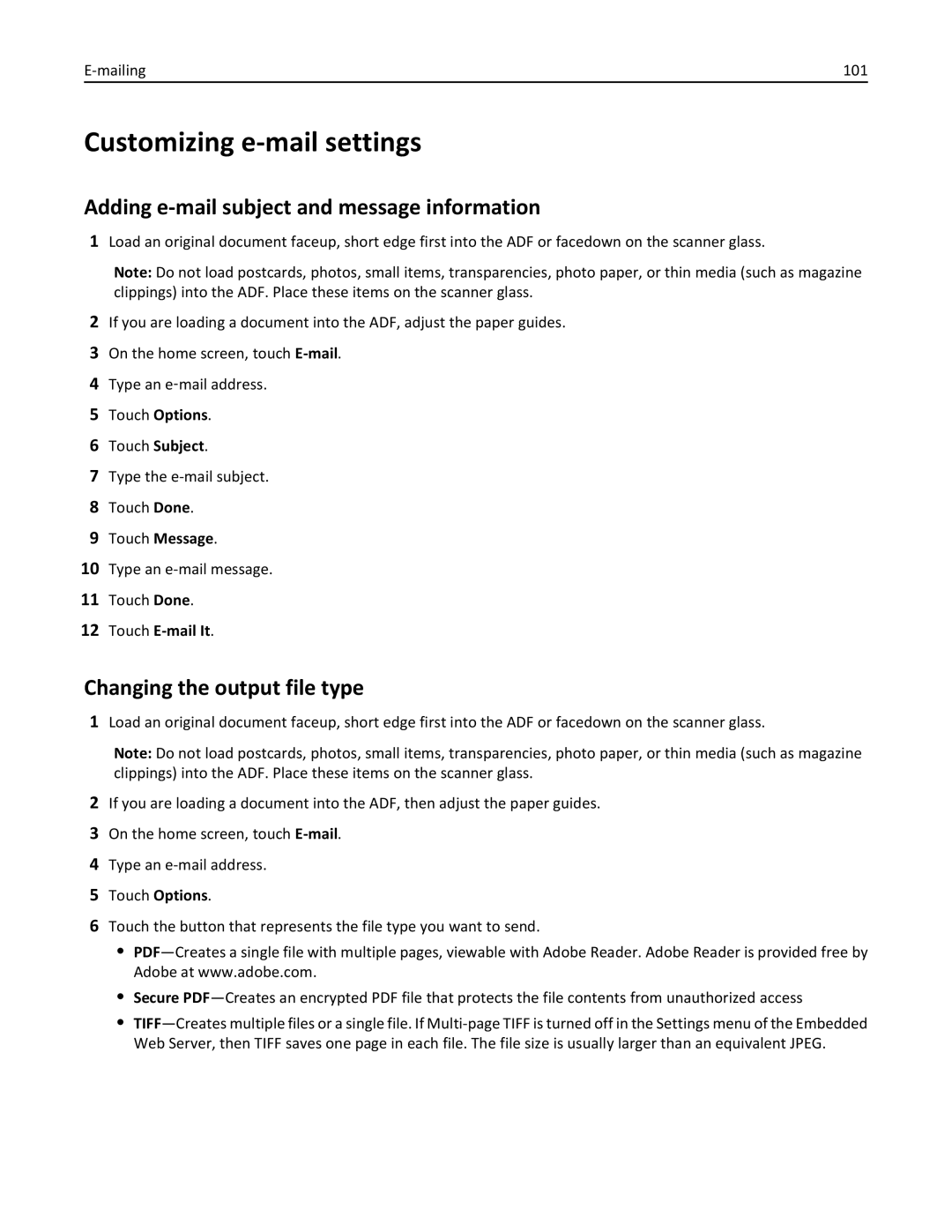 Lexmark 632, 432 Customizing e-mail settings, Adding e-mail subject and message information, Changing the output file type 