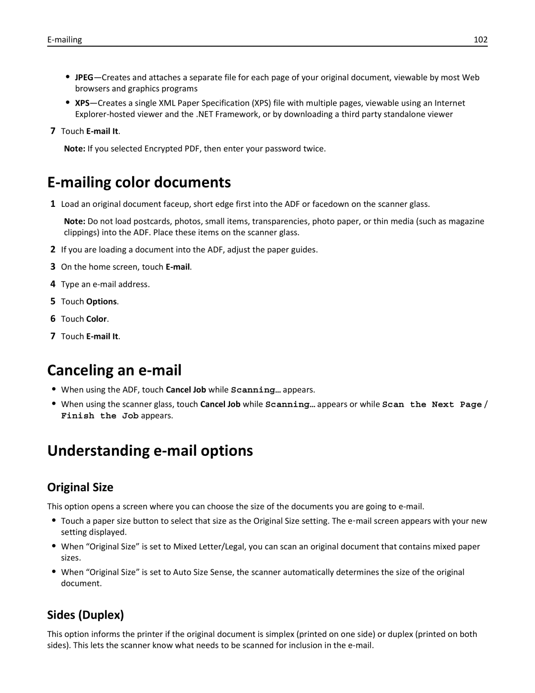 Lexmark 832, 432, 19Z0101, 632 Mailing color documents, Canceling an e-mail, Understanding e-mail options, Original Size 