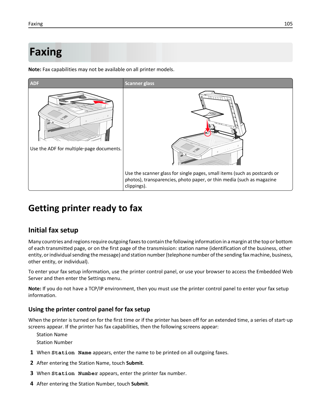 Lexmark X864DE, 432 Faxing, Getting printer ready to fax, Initial fax setup, Using the printer control panel for fax setup 