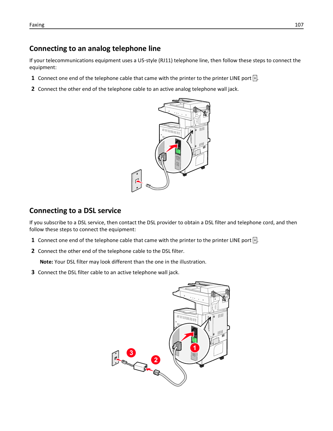 Lexmark 19Z0202, 432, 19Z0101, 632, 832 manual Connecting to an analog telephone line, Connecting to a DSL service, Faxing 107 