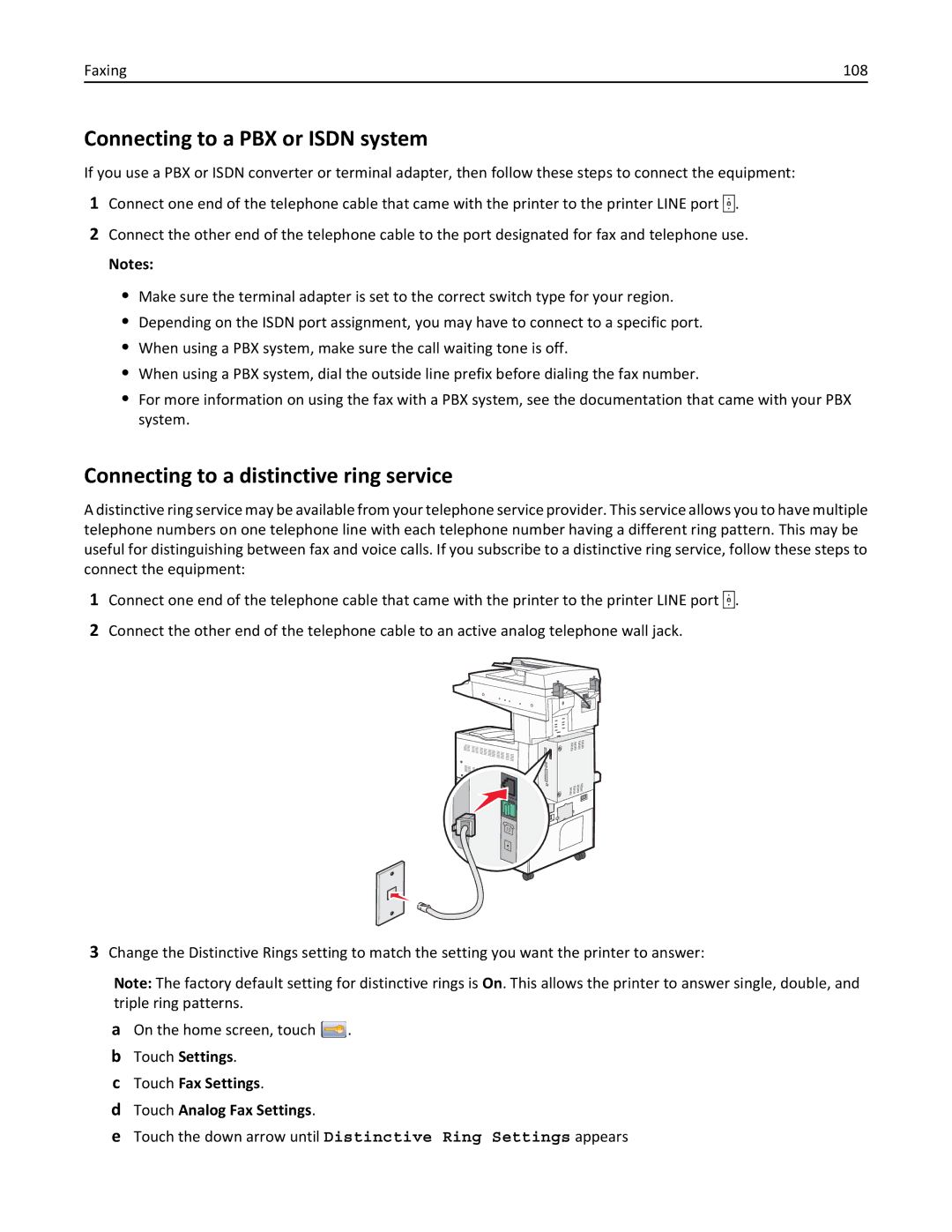 Lexmark 19Z0200, 432, 19Z0101, 632 Connecting to a PBX or Isdn system, Connecting to a distinctive ring service, Faxing 108 