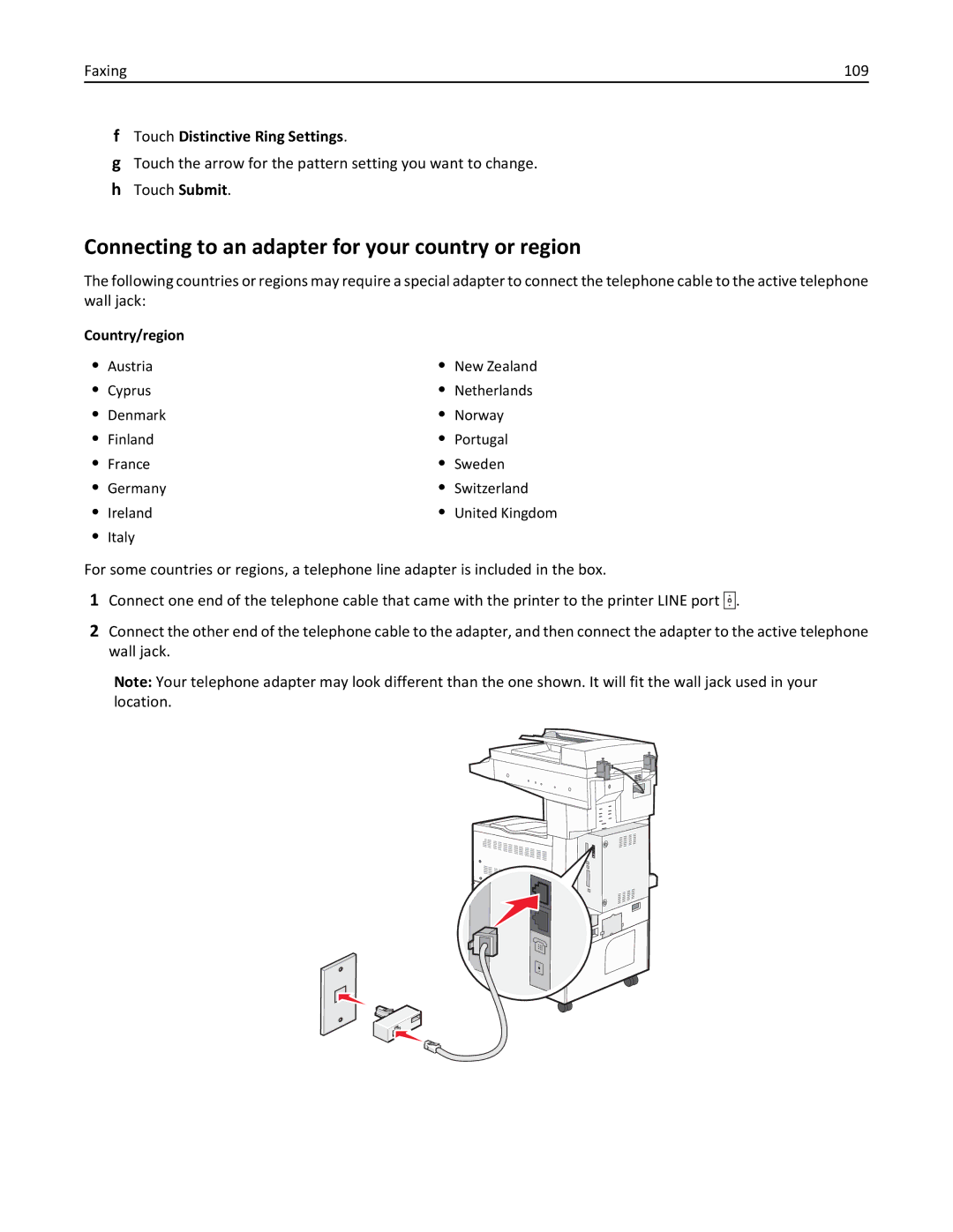 Lexmark 19Z0102, 432, 632 Connecting to an adapter for your country or region, Faxing 109, Touch Distinctive Ring Settings 