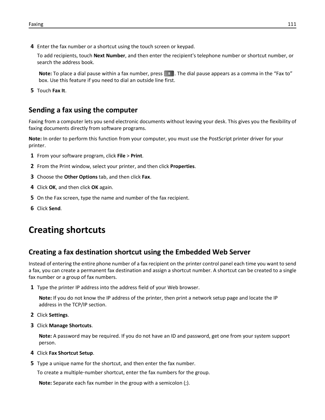 Lexmark 19Z0101, 432, 632, 832, X860DE, X862DE, X864DE, 19Z4028, 19Z0202 Creating shortcuts, Sending a fax using the computer 