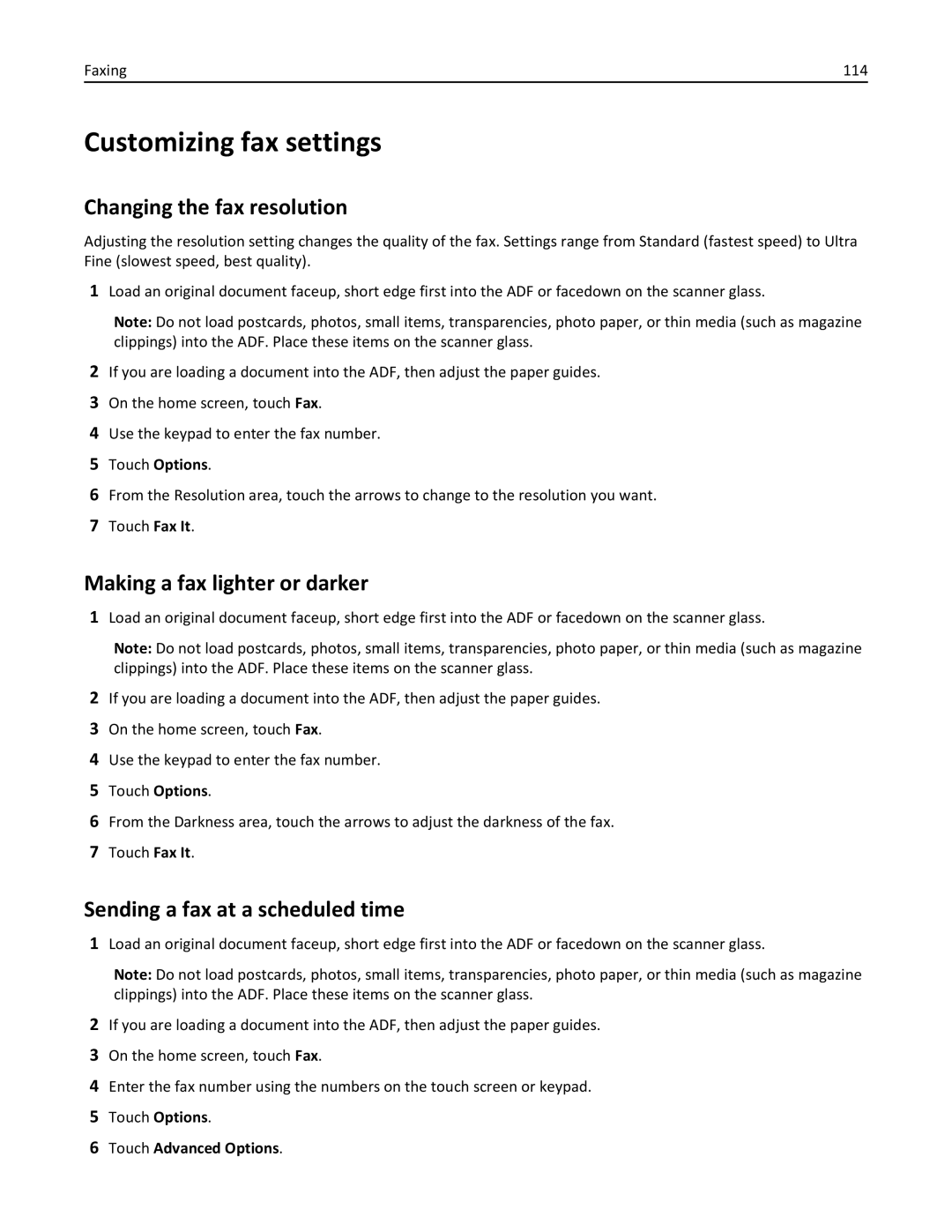 Lexmark X860DE, 432, 19Z0101, 632, 832 Customizing fax settings, Changing the fax resolution, Making a fax lighter or darker 