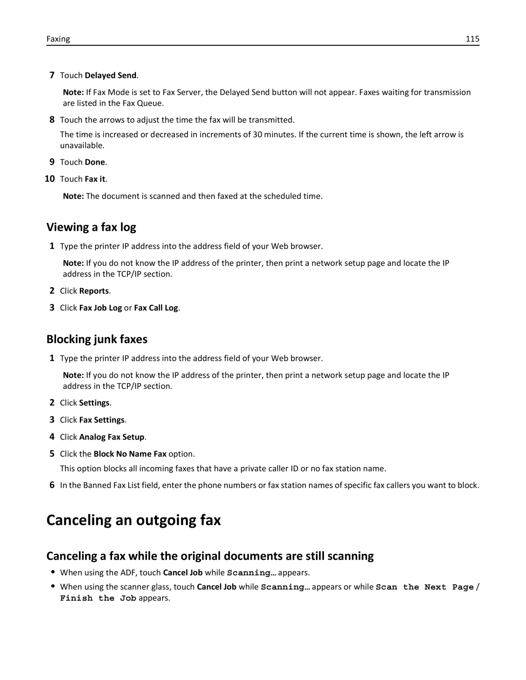 Lexmark X862DE, 432, 19Z0101, 632, 832 Canceling an outgoing fax, Viewing a fax log, Blocking junk faxes, Touch Delayed Send 