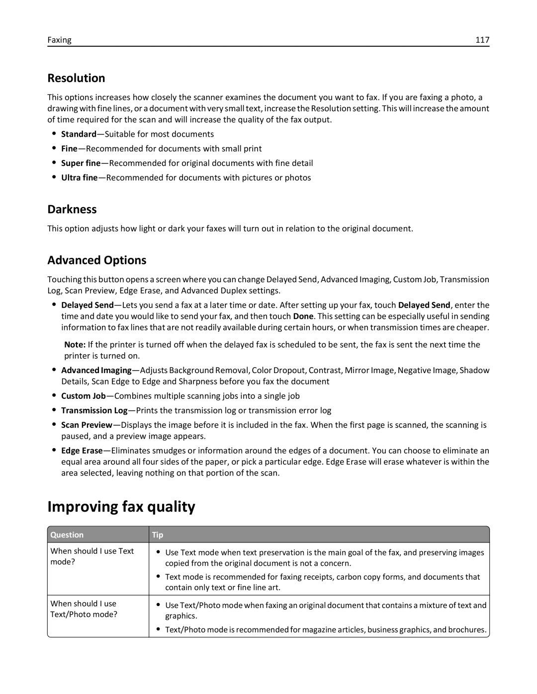 Lexmark 19Z4028, 432, 19Z0101, 632, 832, X860DE, X862DE, X864DE, 19Z0202, 19Z0200, 19Z0102 manual Improving fax quality, Faxing 117 