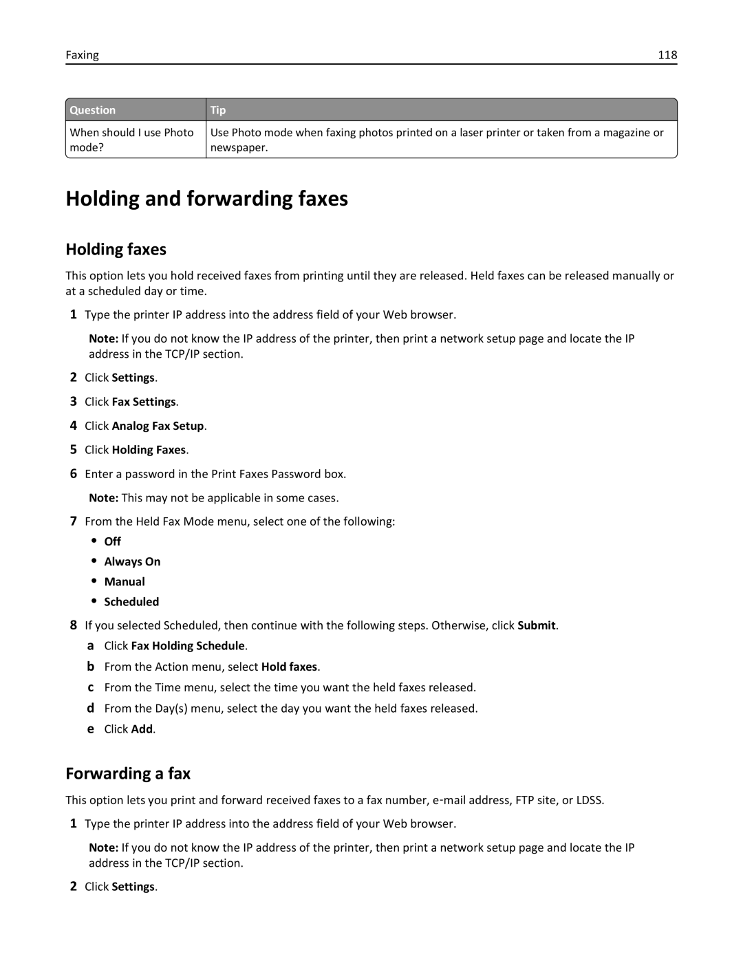 Lexmark 19Z0202 Holding and forwarding faxes, Holding faxes, Forwarding a fax, Faxing 118, Off Always On Manual Scheduled 