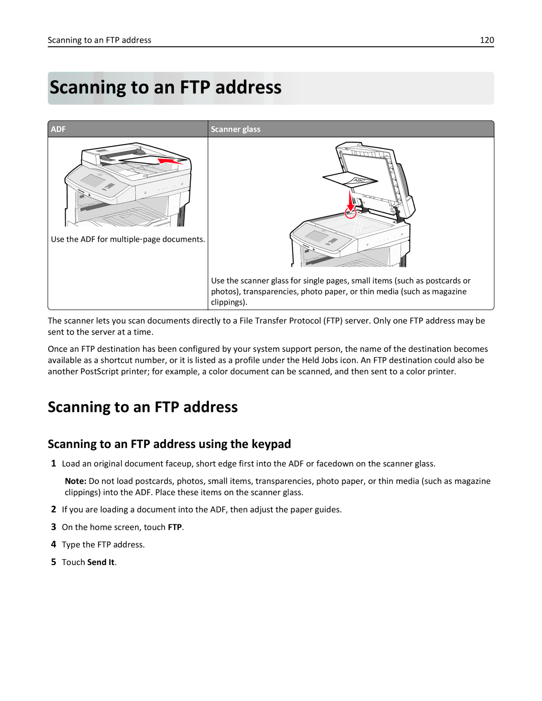 Lexmark 19Z0102, 432, 19Z0101, 632, 832 manual Scanning to an FTP address using the keypad, Scanning to an FTP address 120 