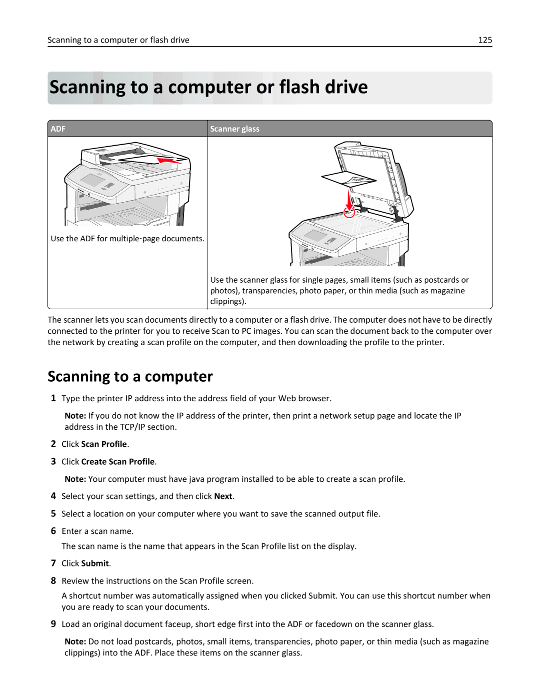 Lexmark X860DE, 432, 19Z0101 Scanning to a computer or flash drive 125, Click Scan Profile Click Create Scan Profile 