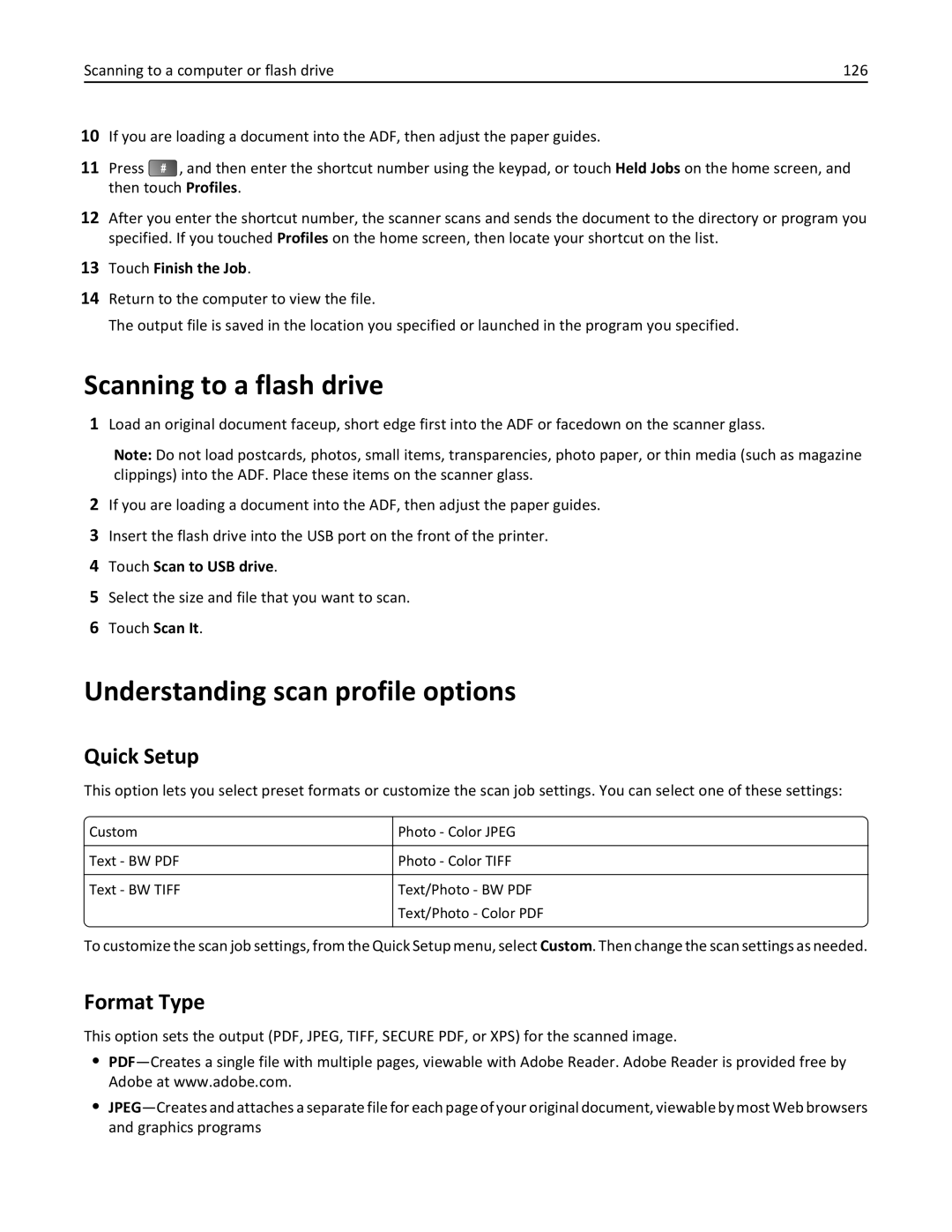 Lexmark X862DE, 432, 19Z0101, 632 Scanning to a flash drive, Understanding scan profile options, Quick Setup, Format Type 