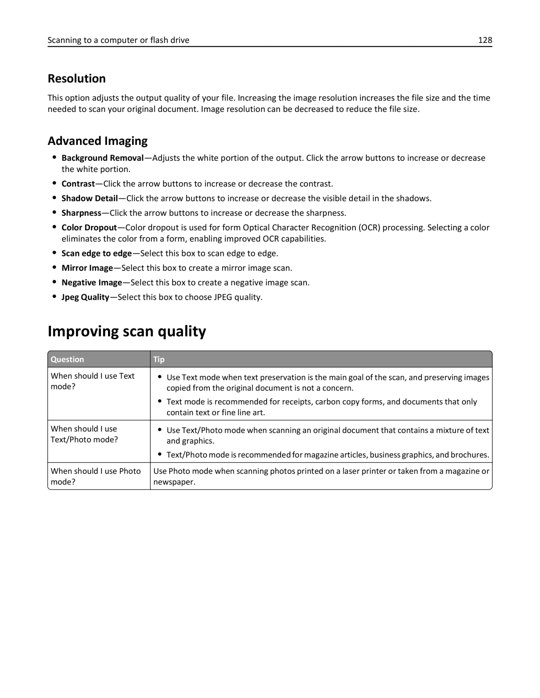 Lexmark 19Z4028, 432, 19Z0101, 632, 832 Improving scan quality, Advanced Imaging, Scanning to a computer or flash drive 128 