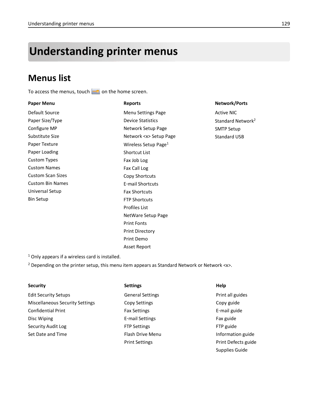 Lexmark 19Z0202, 432, 632 Menus list, Understanding printer menus 129, To access the menus, touch on the home screen 