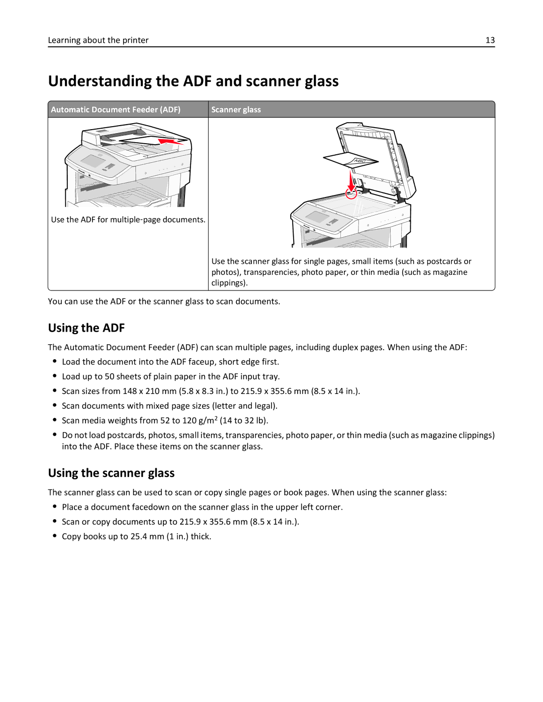 Lexmark 632, 432, 19Z0101, 832, X860DE, X862DE Understanding the ADF and scanner glass, Using the ADF, Using the scanner glass 