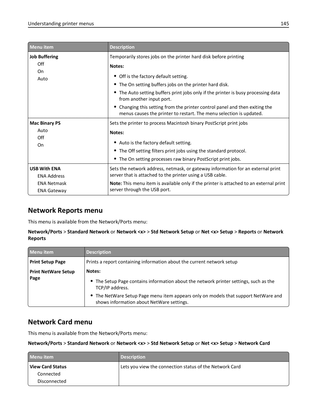 Lexmark 632, 432, 19Z0101, 832, X860DE, X862DE, X864DE Network Reports menu, Network Card menu, Understanding printer menus 145 