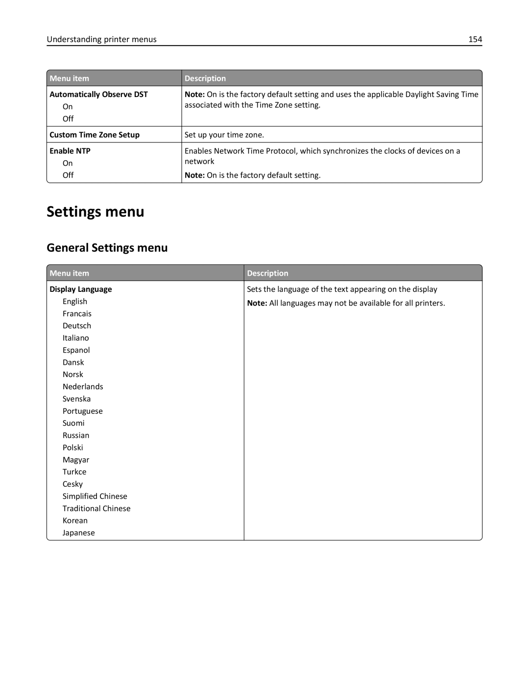 Lexmark 432, 19Z0101, 632, 832, X860DE, X862DE, X864DE, 19Z4028 manual General Settings menu, Understanding printer menus 154 