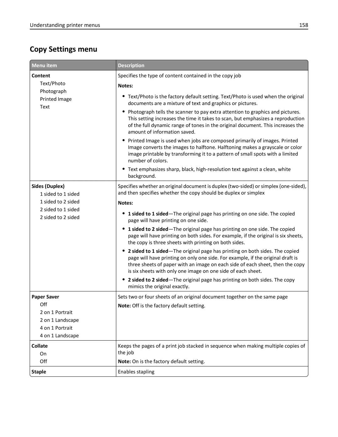 Lexmark X860DE, 432, 19Z0101, 632, 832, X862DE, X864DE, 19Z4028, 19Z0202 manual Copy Settings menu, Understanding printer menus 158 