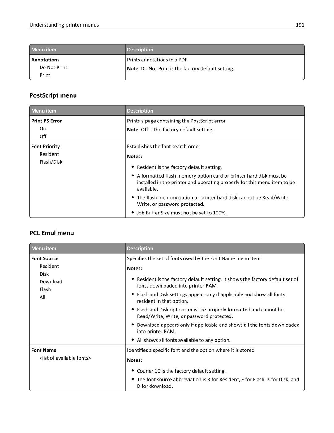 Lexmark X860DE, 432, 19Z0101, 632, 832, X862DE, X864DE, 19Z4028 PostScript menu, PCL Emul menu, Understanding printer menus 191 