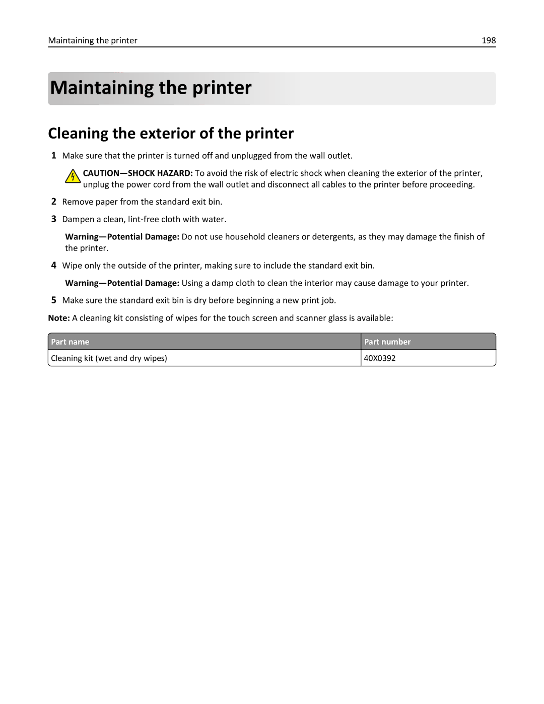 Lexmark 432, 19Z0101, 632, 832, X860DE, X862DE, X864DE Cleaning the exterior of the printer, Maintaining the printer 198 