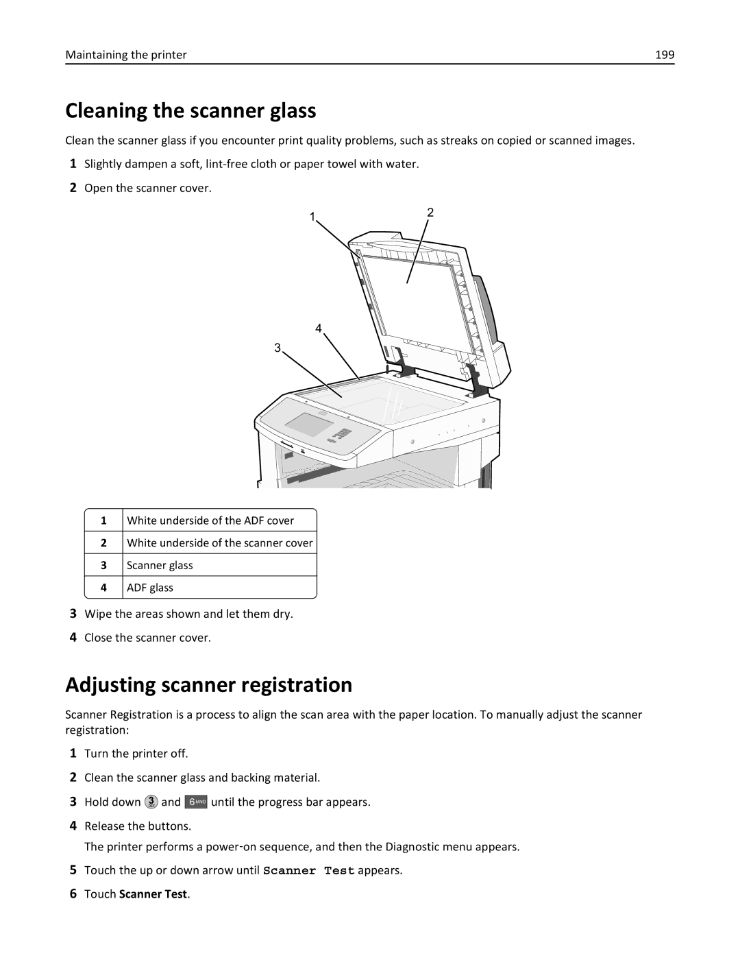 Lexmark 19Z0101, 432, 632, 832 manual Cleaning the scanner glass, Adjusting scanner registration, Maintaining the printer 199 