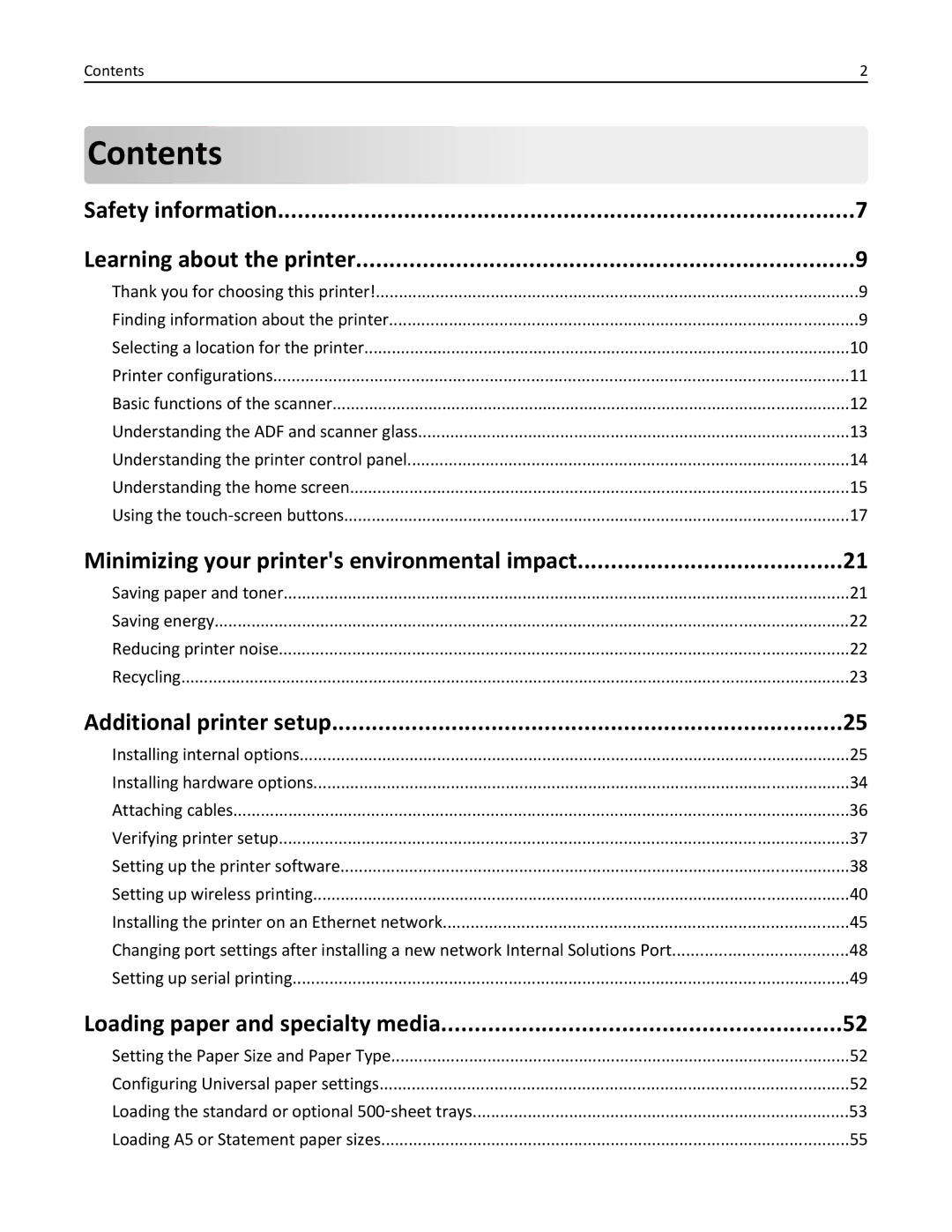 Lexmark 632, 432, 19Z0101, 832, X860DE, X862DE, X864DE, 19Z4028, 19Z0202, 19Z0200, 19Z0102 manual Contents 